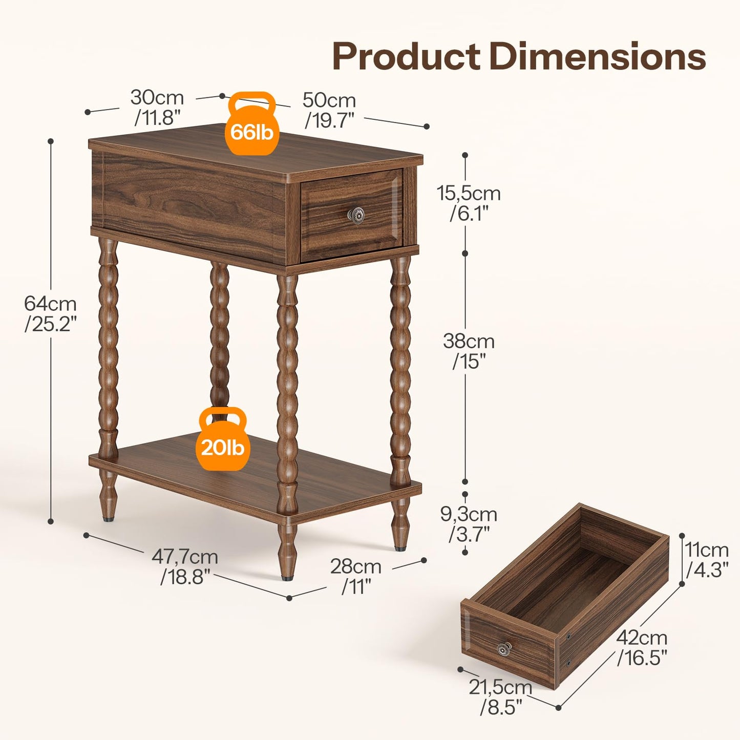 HOOBRO Narrow Side Table with Drawer, Solid Wood Legs Nightstand, for Home
