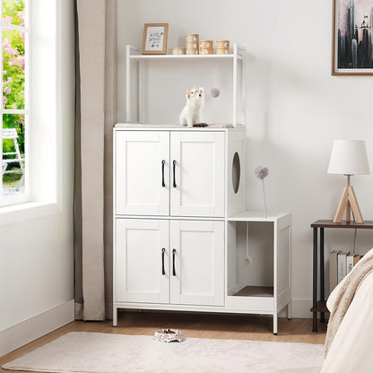 White storage cabinet with doors in a room with a window and lamp.
