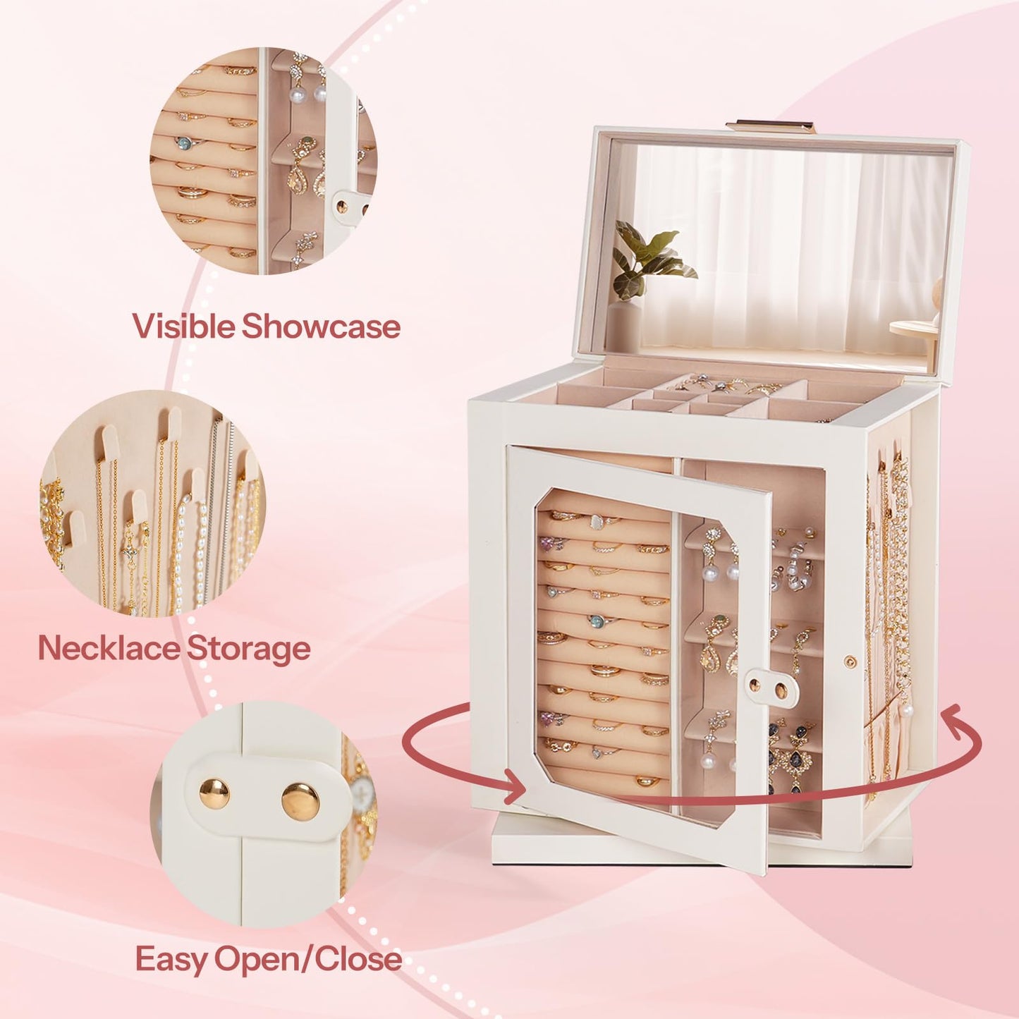 HOOBRO 360 Degrees Rotating Jewelry Organizer Box with Mirror & 6-Drawer