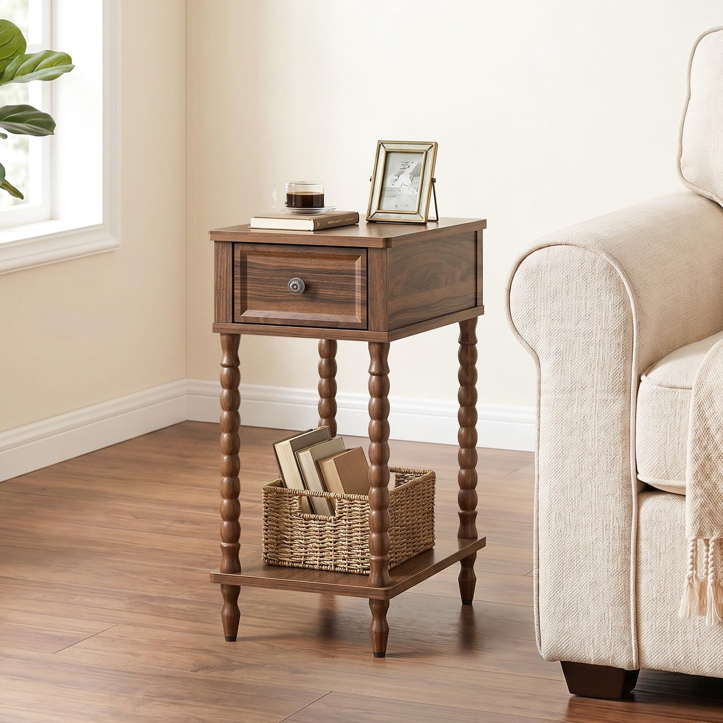 HOOBRO Narrow Side Table with Drawer, Solid Wood Legs Nightstand, for Home
