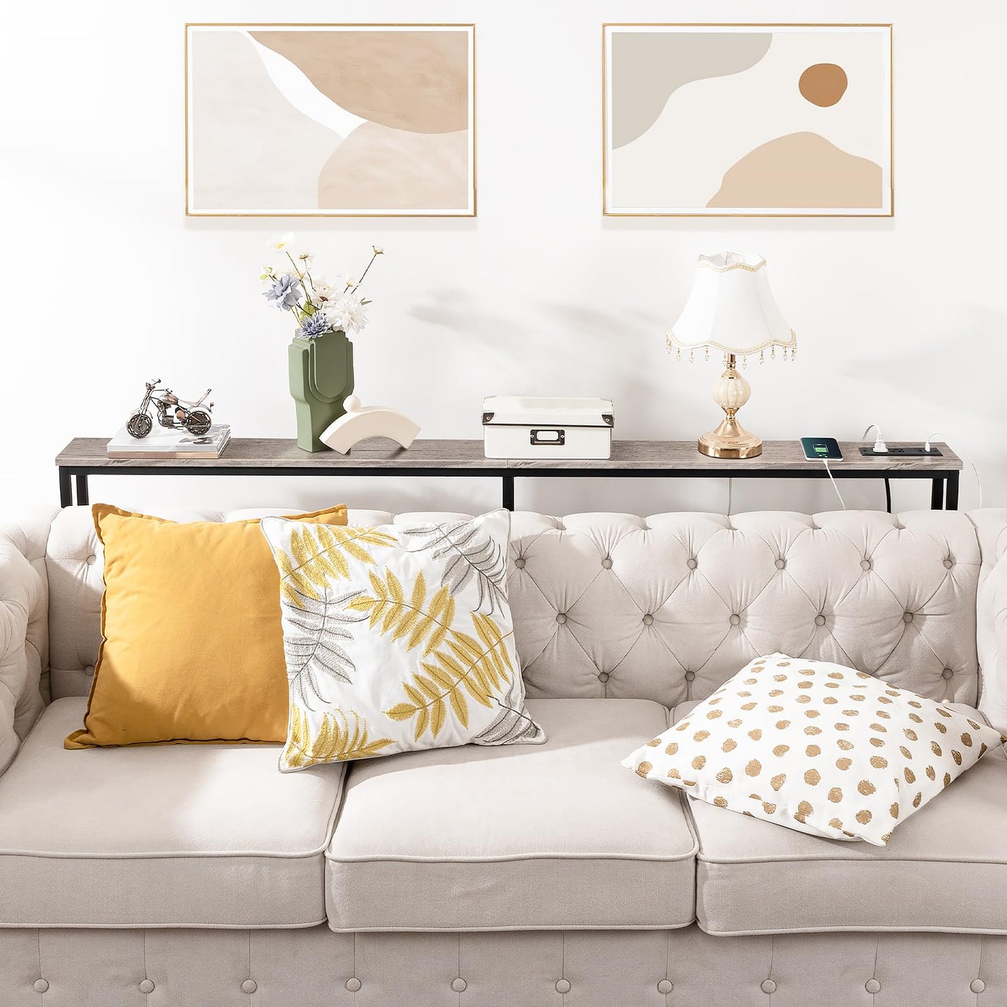 HOOBRO Greige 70.9-inch Narrow Console Table with Charging Station & Two Power Outlets & USB Port