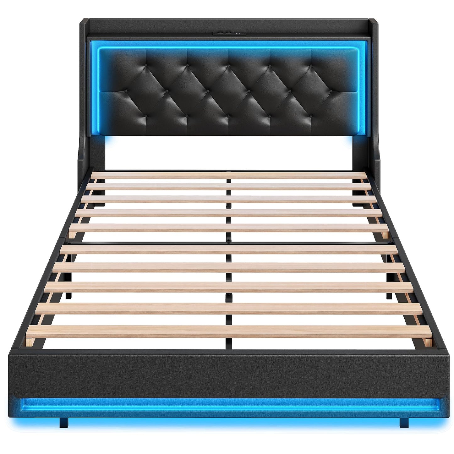 HOOBRO Full Upholstered Bed Frame with Headboard & LED Lights & Charging Station