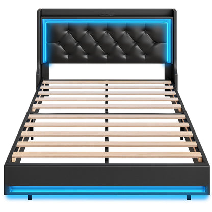 HOOBRO Full Upholstered Bed Frame with Headboard & LED Lights & Charging Station