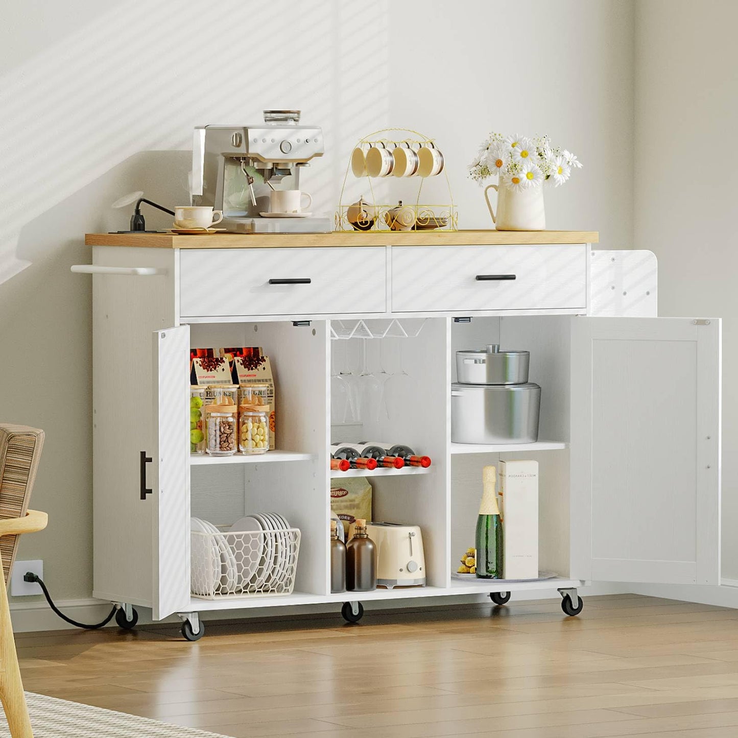 HOOBRO Rolling Kitchen Island with Power Outlet & Drawers
