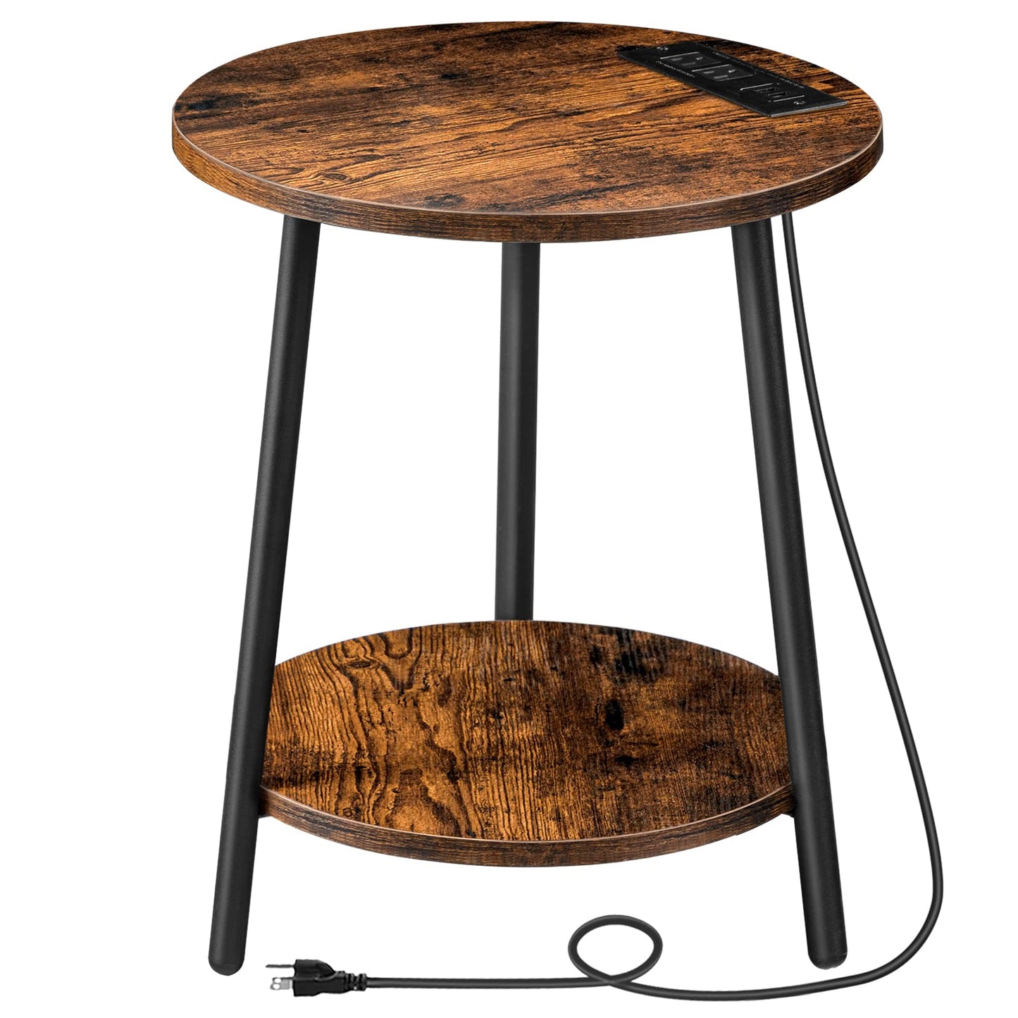 HOOBRO Retro Brown Double-Layer Round Side Table with Charging Station