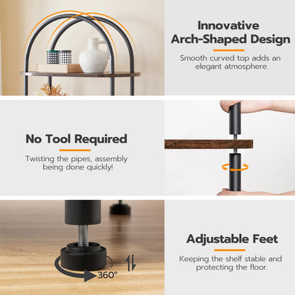 HOOBRO Retro Brown Wood Five-Tier Open Industrial Style Arched Bookshelf Display Rack