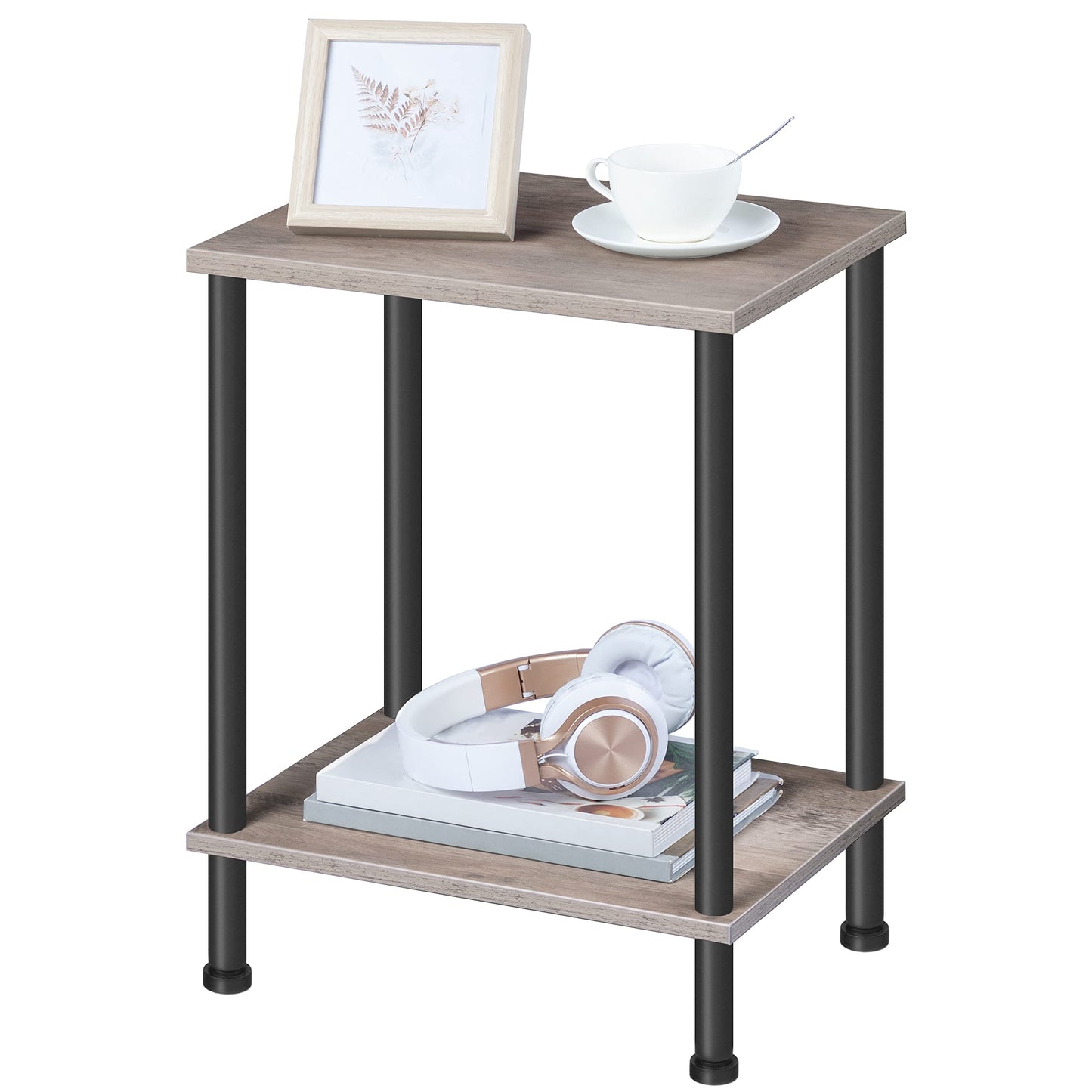 HOOBRO Greige Small Side Table with Double-Layer Storage Shelf