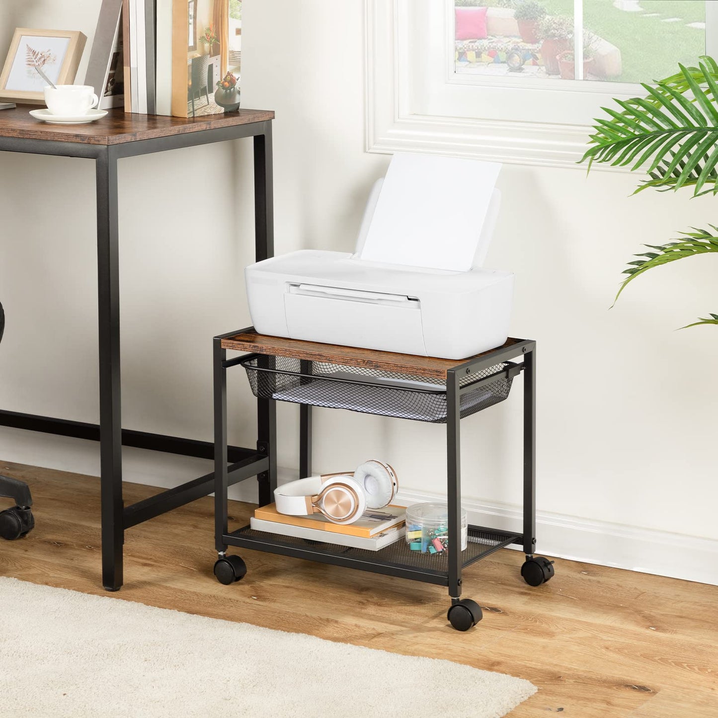 HOOBRO Retro Brown Double-Layer Movable Printer Stand Trolley with Wheels & Storage Shelf