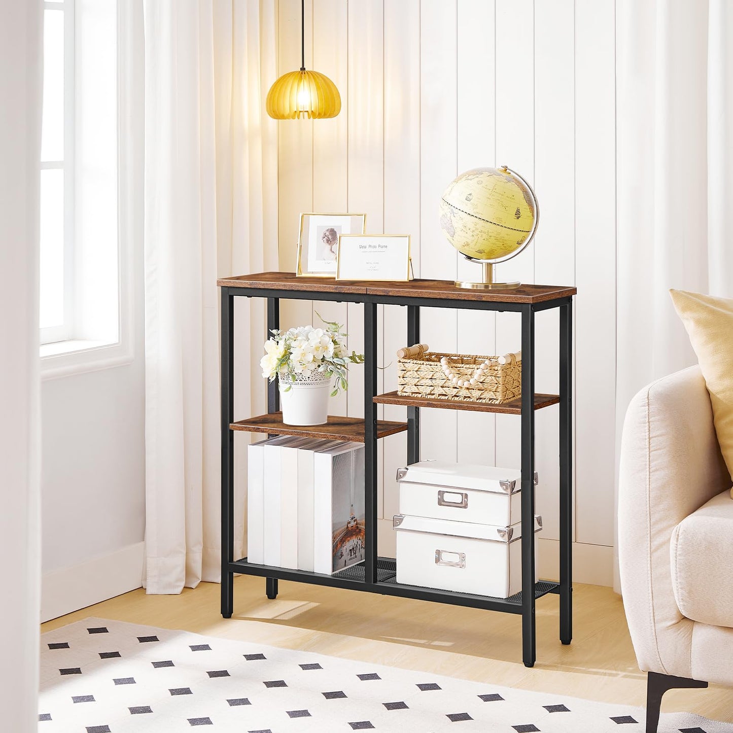 HOOBRO Retro Brown Four-Tier Industrial Style Adjustable Leg Narrow Entryway Table