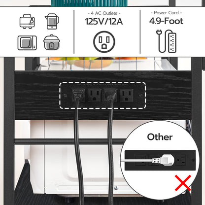 HOOBRO Bakers Rack with Power Outlet, 35.4 Inches Coffee Bar with Mesh Basket, Microwave Stand with 4 S-Shaped Hooks, Kitchen Bakers Rack with Storage, Easy to Assemble, Black BB05HB01