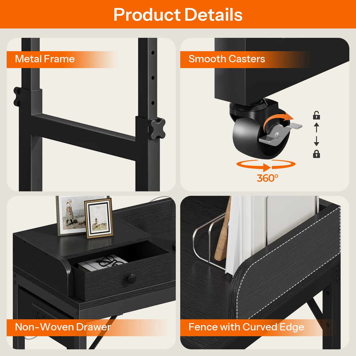 HOOBRO Overbed Table with Wheels, Rolling Table with Outlets & Light Strip for Queen Bed, Mobile Bed Desk & Drawer and Adjustable Height, Giant Computer Desk for Living Room, Black BB180UDDN01