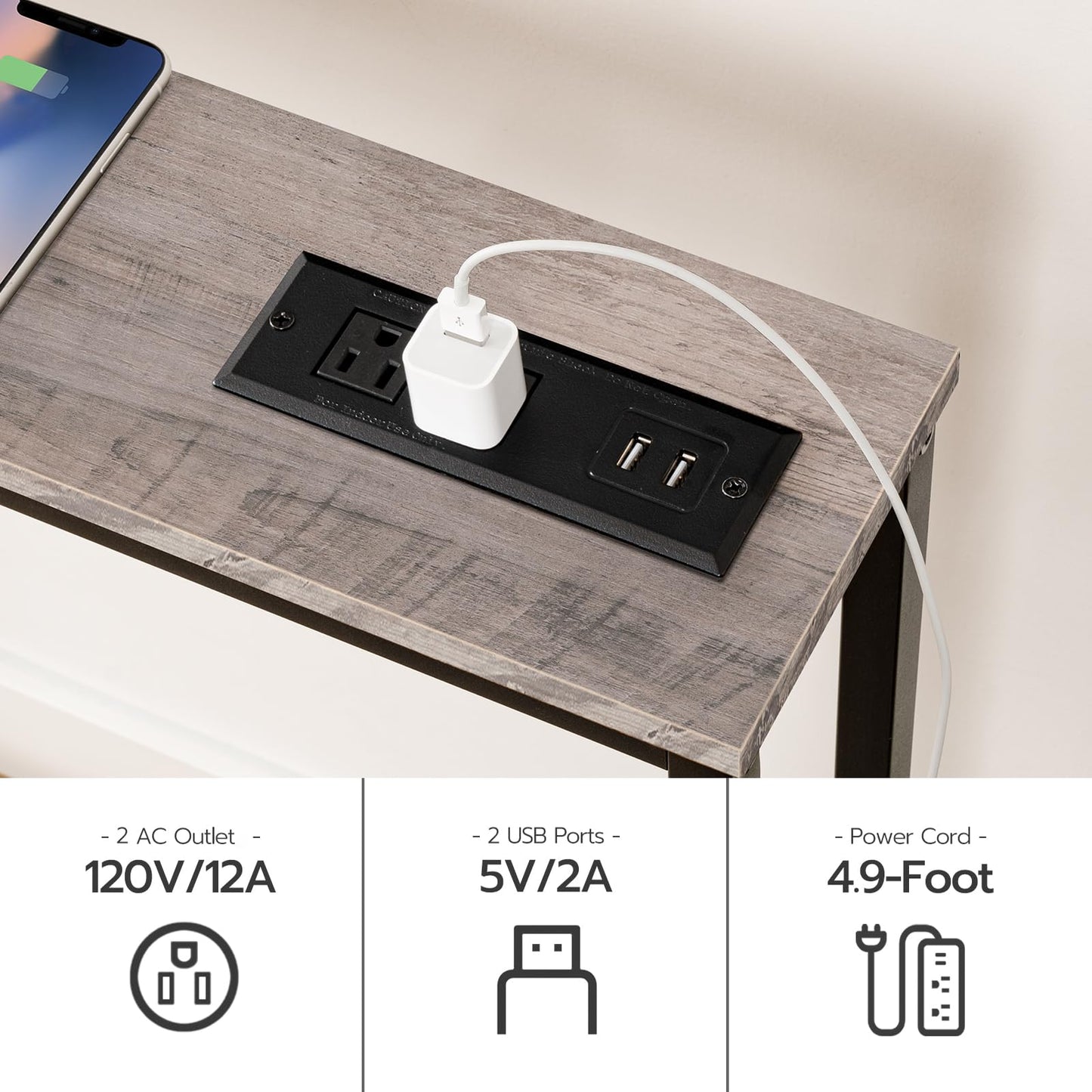 HOOBRO Greige 70.9-inch Narrow Console Table with Charging Station & Two Power Outlets & USB Port