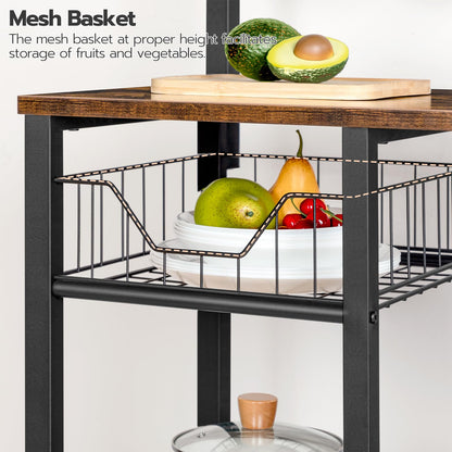 HOOBRO Retro Brown 35.4-inch Baking Rack with Mesh Basket & Power Outlet & Microwave Bracket & 4 S-Hooks