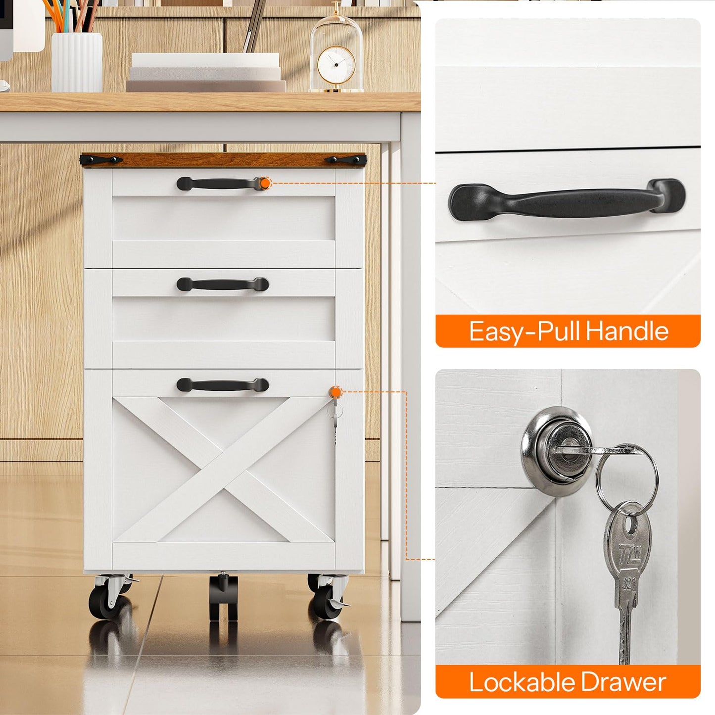 HOOBRO 3 Drawer Mobile Farmhouse File Cabinet for A4/Letter Size