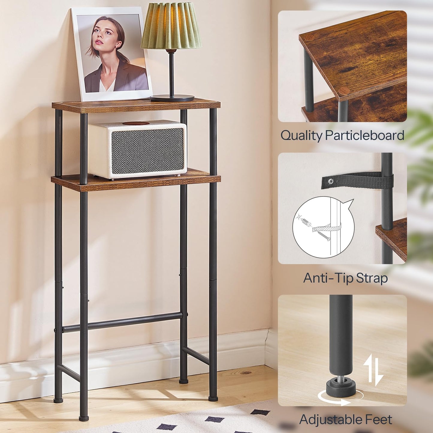 Tall wooden shelf with metal legs in a room setting, featuring a lamp and photo frame.