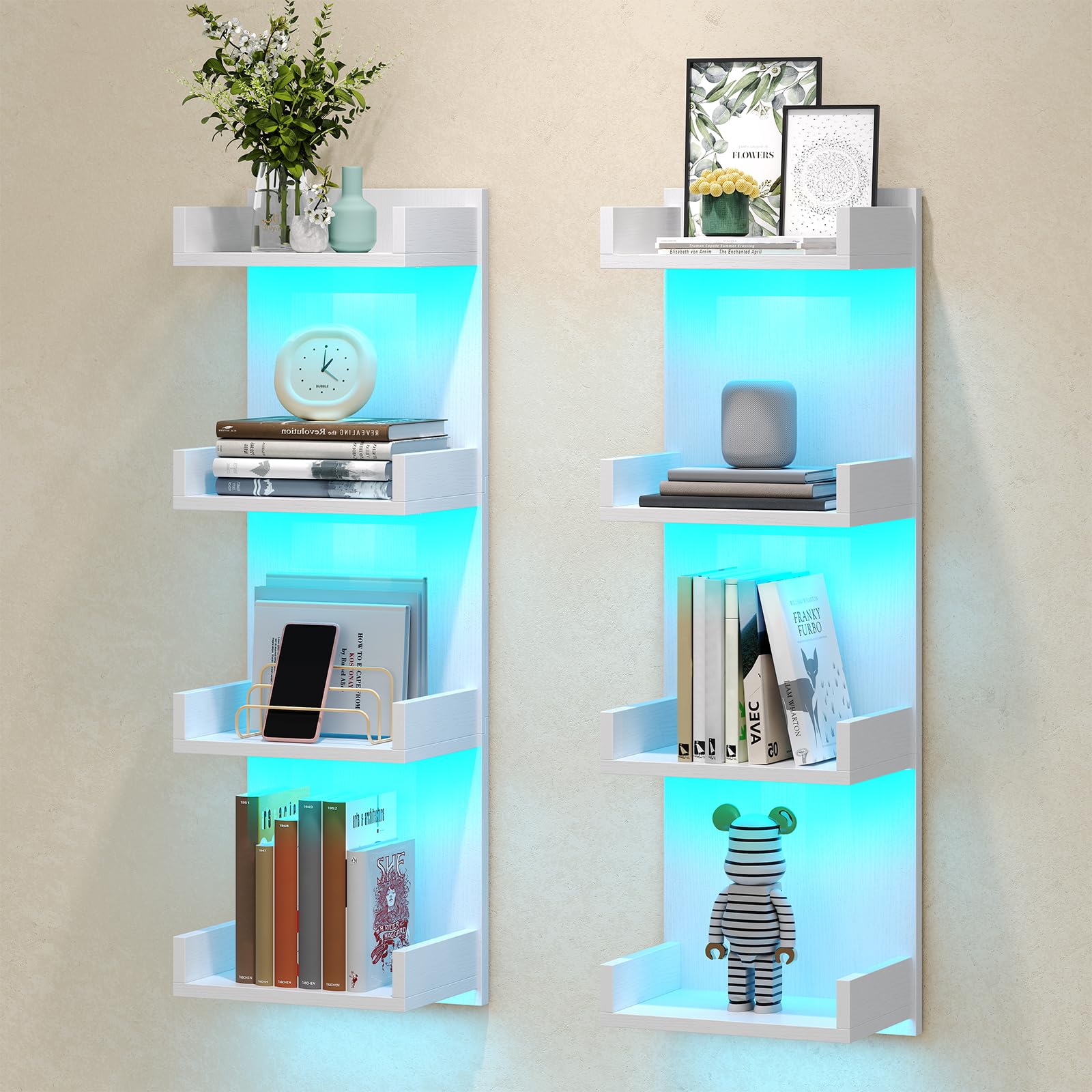 White corner wall shelf with LED lighting displaying various items against a beige wall.