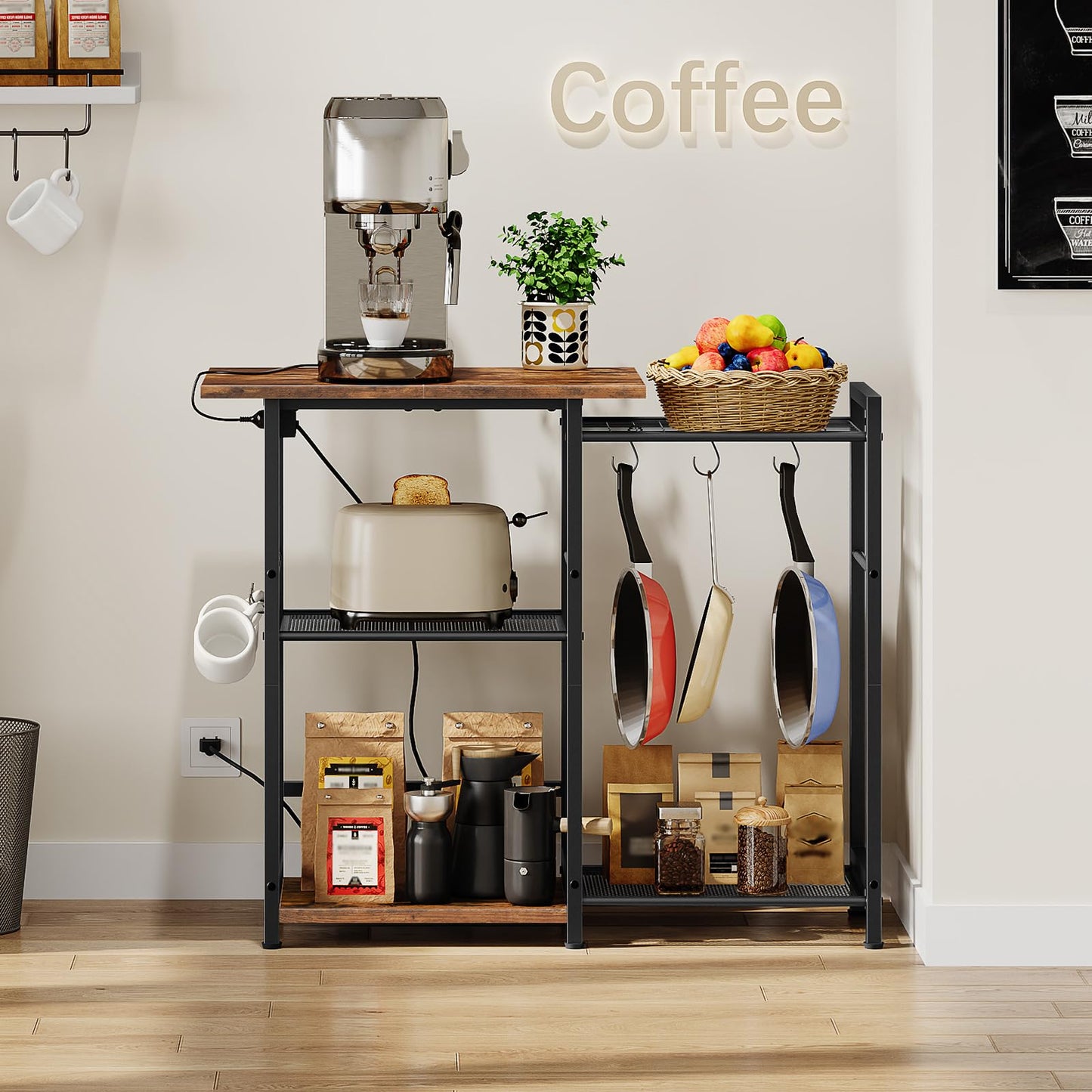 HOOBRO Bakers Rack & Microwave Stand with Power Outlet & Hooks