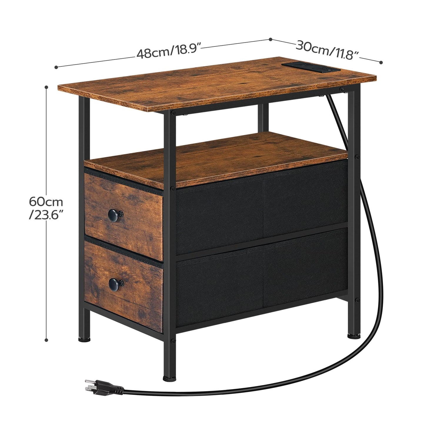 HOOBRO Retro Brown Side Table with Charging Station &Two Non-woven Fabric Drawers / 2PICS