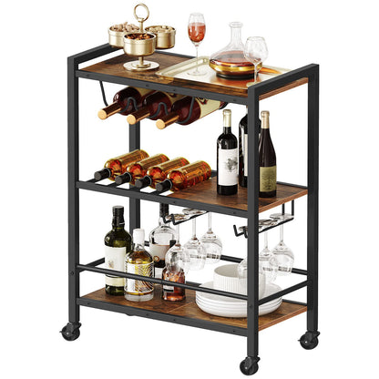 HOOBRO Retro Brown Three-Tier Movable Wheeled Bar Trolley with Wine Rack & Glass Holder