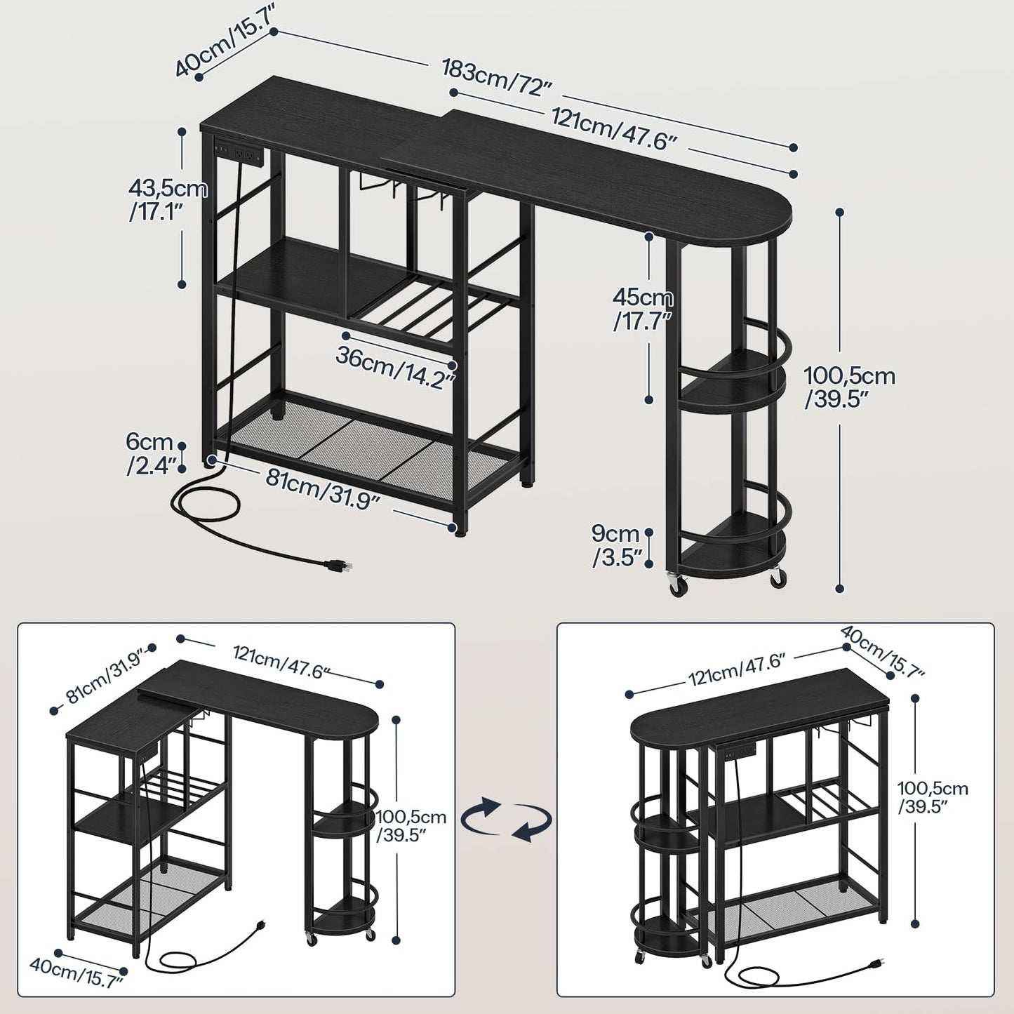 HOOBRO 3-Tier L-Shaped Corner Bar Table with Charging Station
