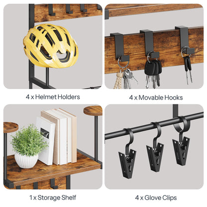 HOOBRO Wall-Mounted Helmet Rack with Light, 4 Holders, Rustic Brown