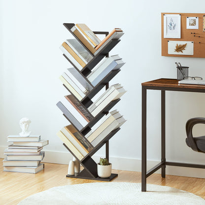 HOOBRO Black 9-Tier Floor-Standing Tree-Shaped Wooden Bookshelf