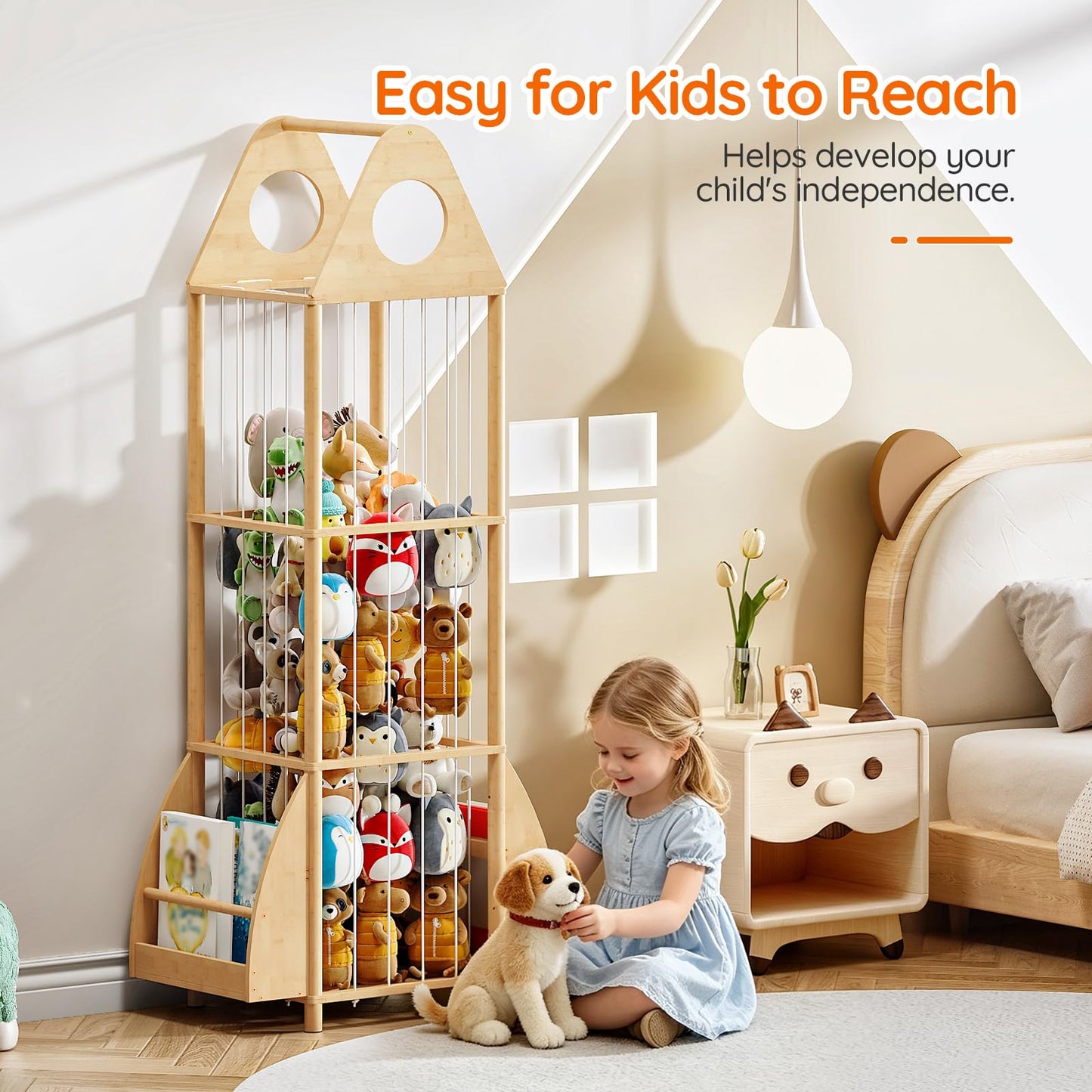 HOOBRO Stuffed Animal Storage, Bamboo Stuffed Animal Organizer with Elastic Cords and Side Bookshelf, Stuffed Animal Holder for Kids' Room, Playroom, Bedroom, Living Room, Nursery, Natural YL67CW01
