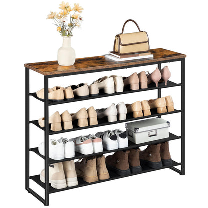 HOOBRO Industrial Retro Brown 5-Tier Shoe Organizer with 4 Oxford Cloth Shelves & Top Panel