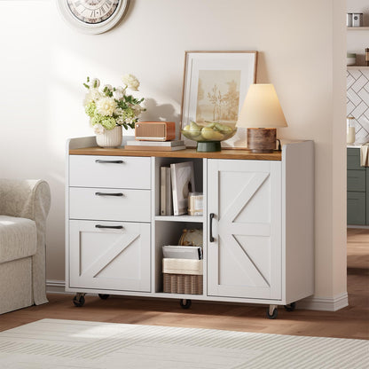 HOOBRO White Farmhouse Style Wooden Side-Pull Filing Cabinet with Charging Station & 3 Drawers & Cabinet Door