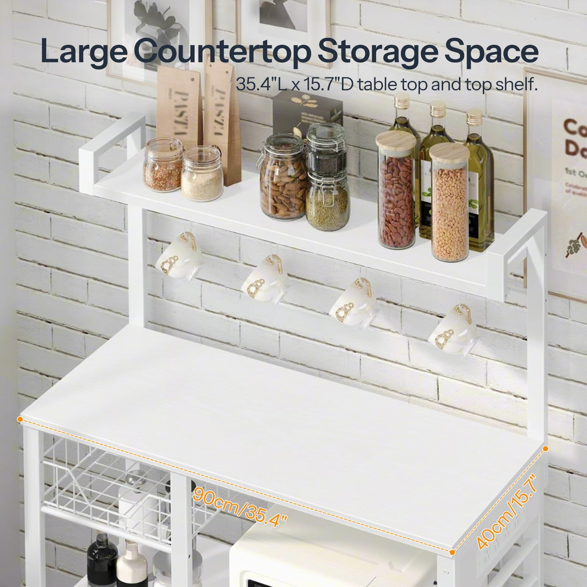 HOOBRO Bakers Rack with Power Outlet, 35.4 Inches Coffee Bar with Mesh Basket, Microwave Stand with 4 S-Shaped Hooks, Kitchen Bakers Rack with Storage, Easy to Assemble, White WT05HB01