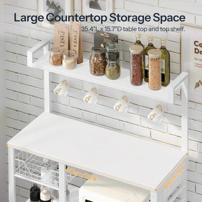 HOOBRO Bakers Rack with Power Outlet, 35.4 Inches Coffee Bar with Mesh Basket, Microwave Stand with 4 S-Shaped Hooks, Kitchen Bakers Rack with Storage, Easy to Assemble, White WT05HB01