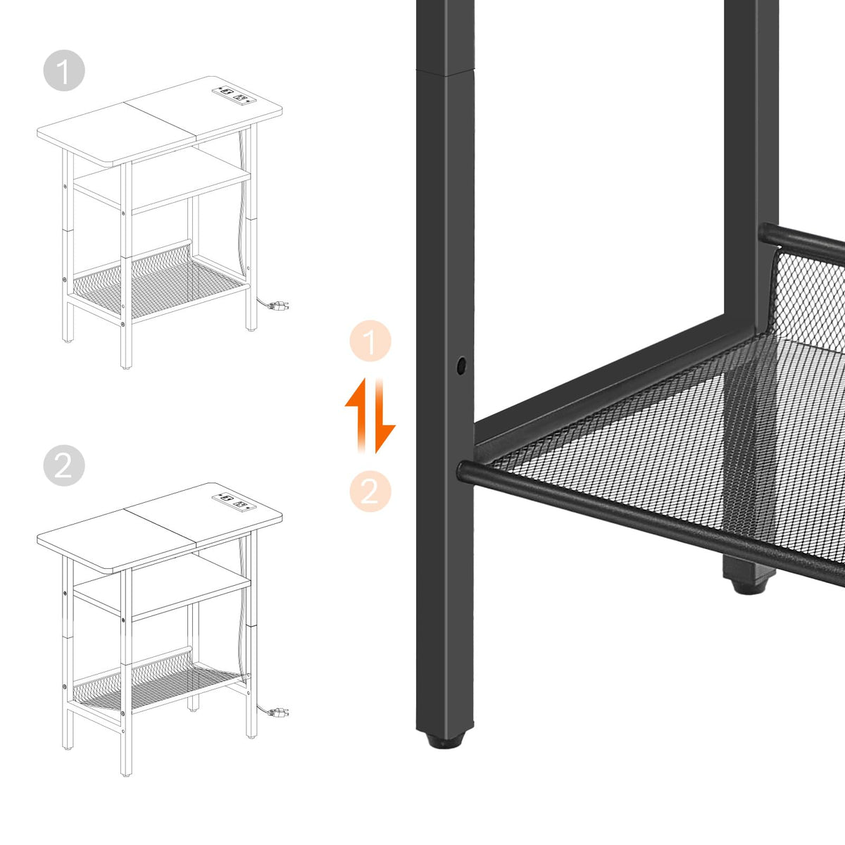 HOOBRO Side Table, Narrow End Table with Shelf, Charging Station, Wide Storage Tabletop, 3-Tier Bedside Tables for for Small Spaces, Living Room, Bedroom, Greige and Black BG366UBZ01