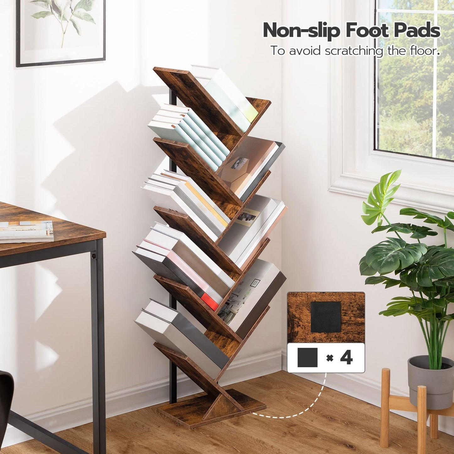 HOOBRO Vintage Brown 9-Tier Floor-Standing Wooden Tree-Shaped Bookshelf