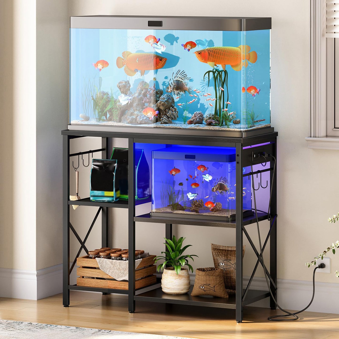 Fish tank with stand and decorative items on a wooden floor.