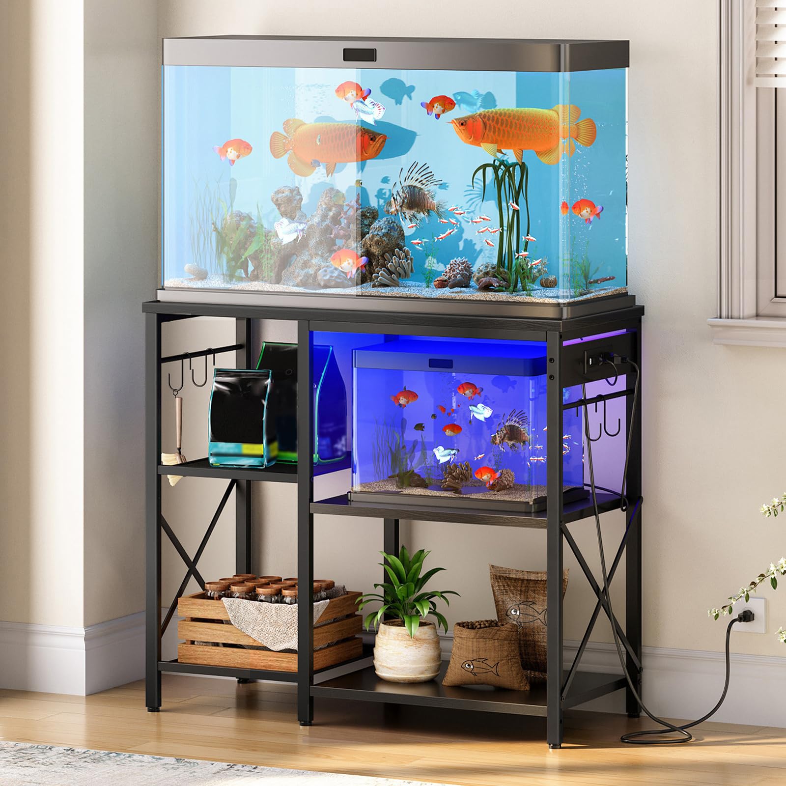 Fish tank with stand and decorative items on a wooden floor.