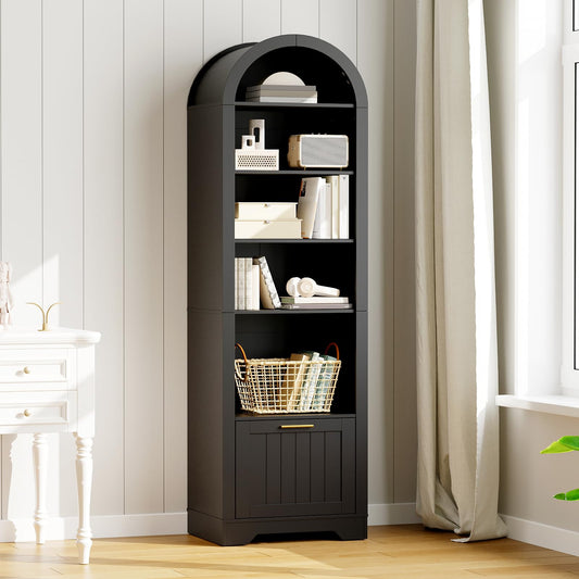 HOOBRO 6-Tier Wooden Arched Bookcase with File Drawers & Adjustable Shelves