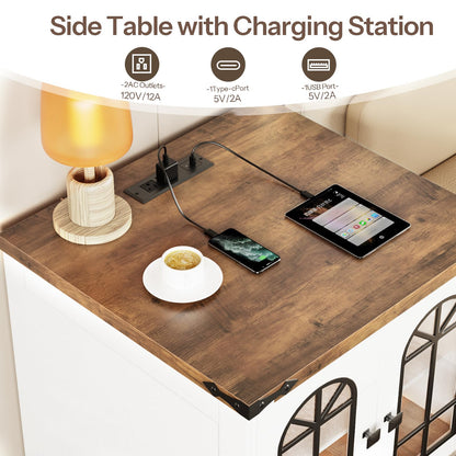 HOOBRO Farmhouse End Table & Nightstand with Charging Station & LED Lights