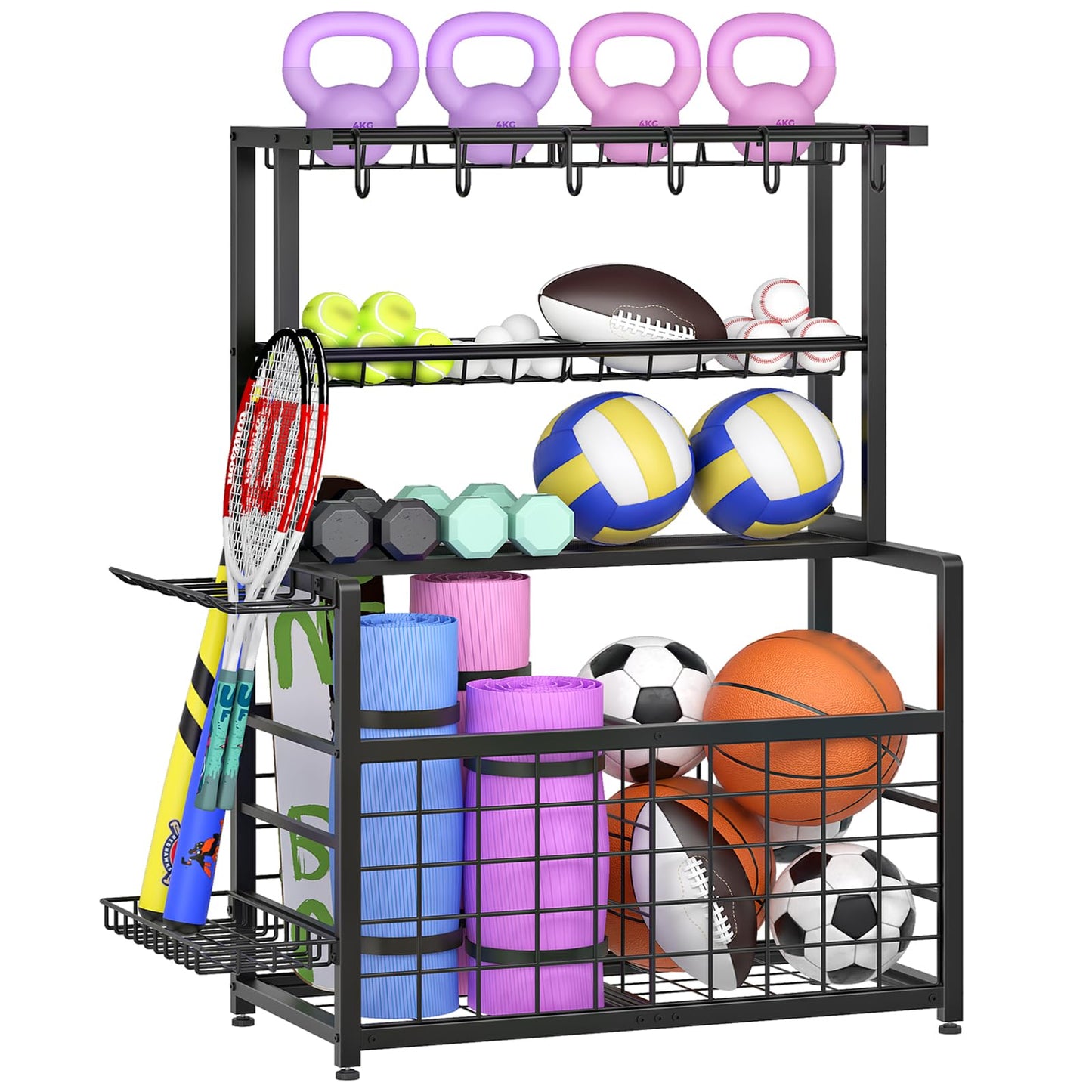 HOOBRO Sports Equipment Organizer & Ball Storage Rack with Hooks & Basket