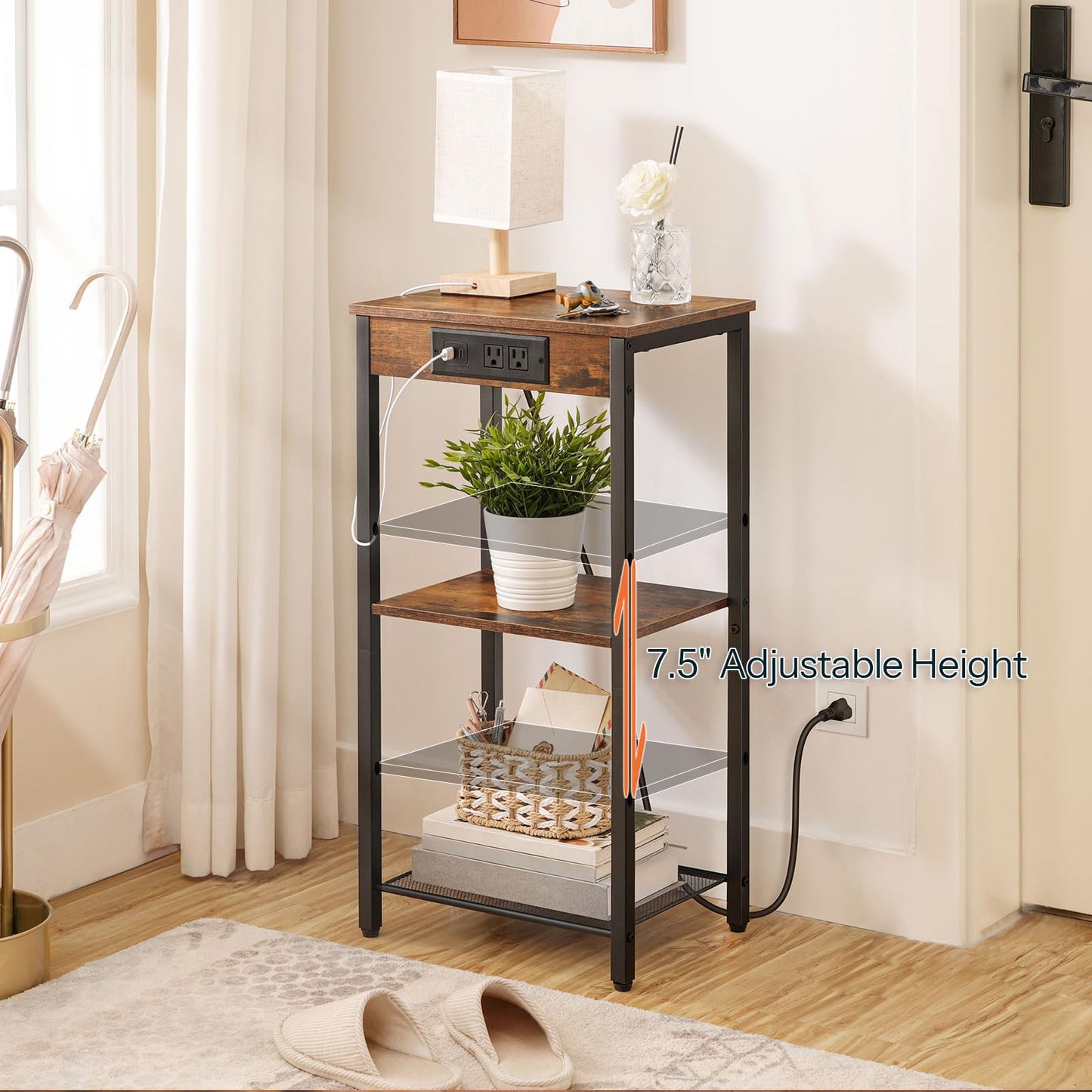 HOOBRO Tall 3-Tier Narrow Side Table with Charging Station