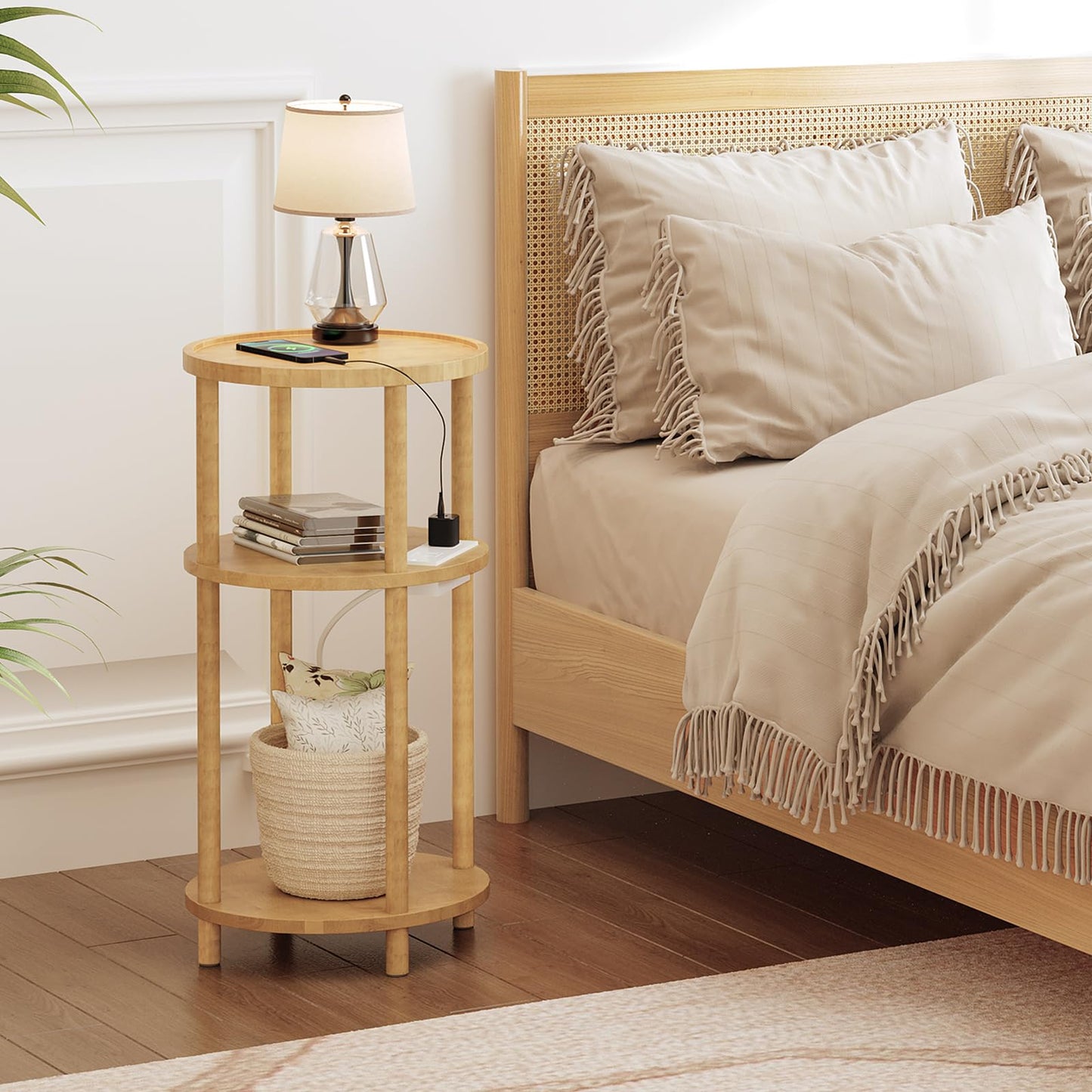 HOOBRO Three-Tier Small Round Side Table with Charging Station