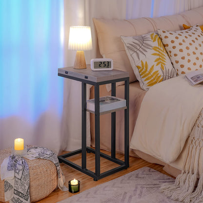 HOOBRO Greige C-Type Folding Side Table with Storage Shelf