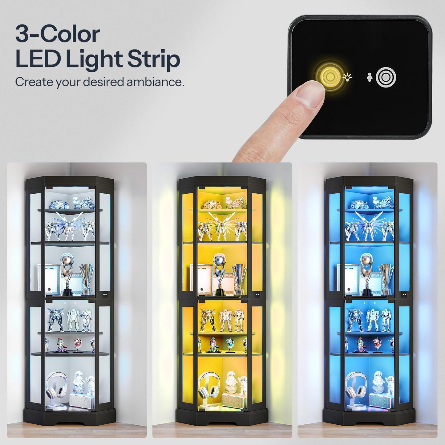 Three display cases illuminated with 3-color LED light strip and a remote control.