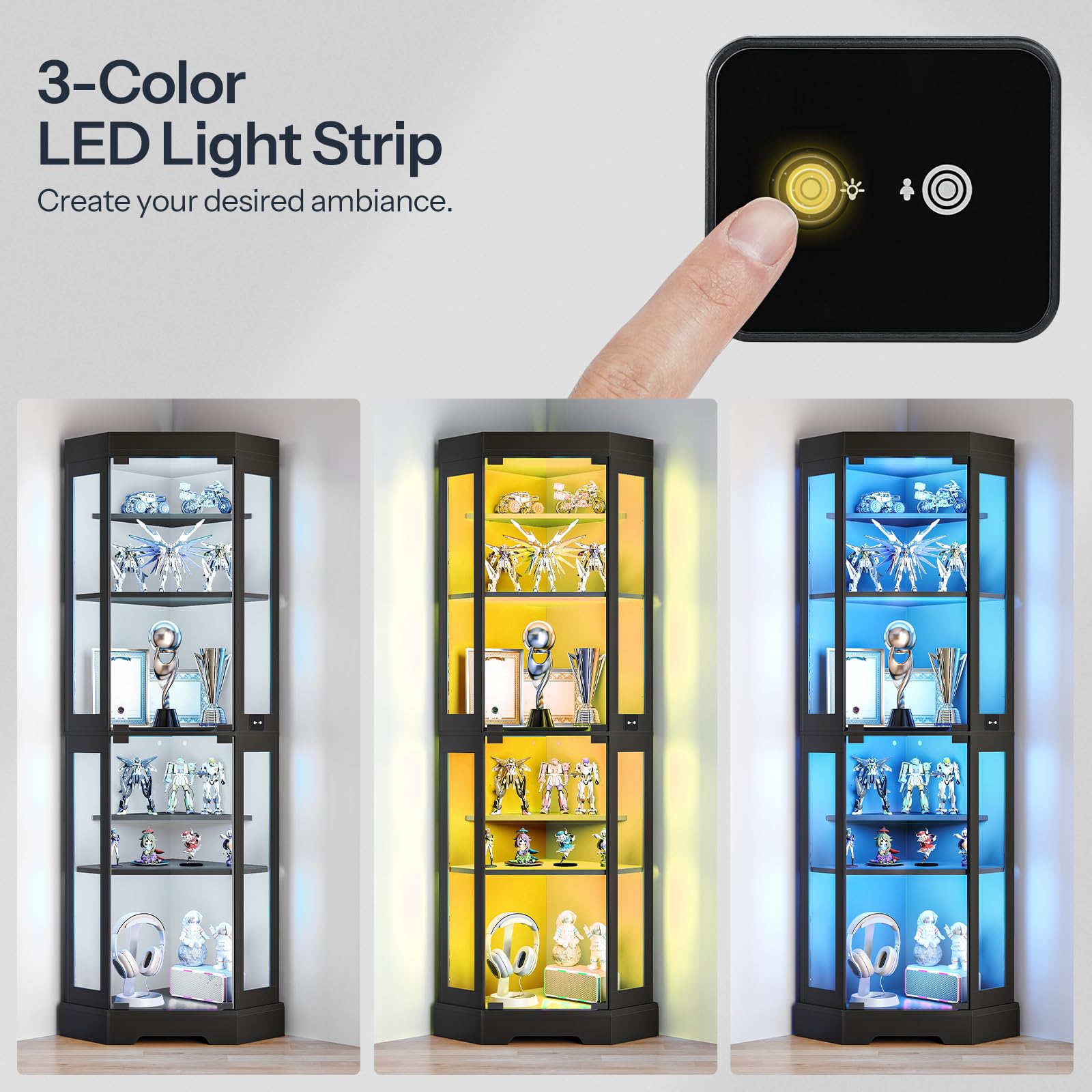 Three display cases illuminated with 3-color LED light strip and a remote control.
