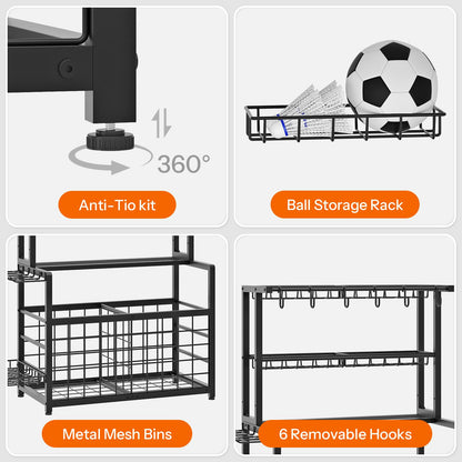 HOOBRO Sports Equipment Organizer & Ball Storage Rack with Hooks & Basket