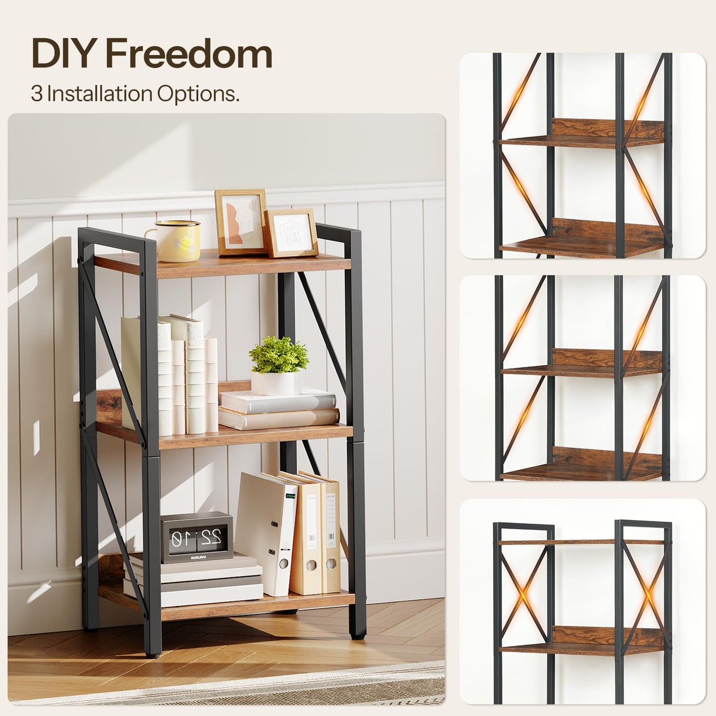 HOOBRO Retro Brown Three-Tier Industrial Style Bookshelf
