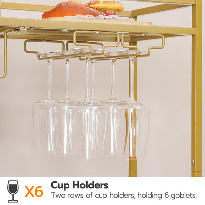 HOOBRO Gold Double-Layer Movable Home Bar Trolley with Wine Rack & Glass Holder & Guardrail