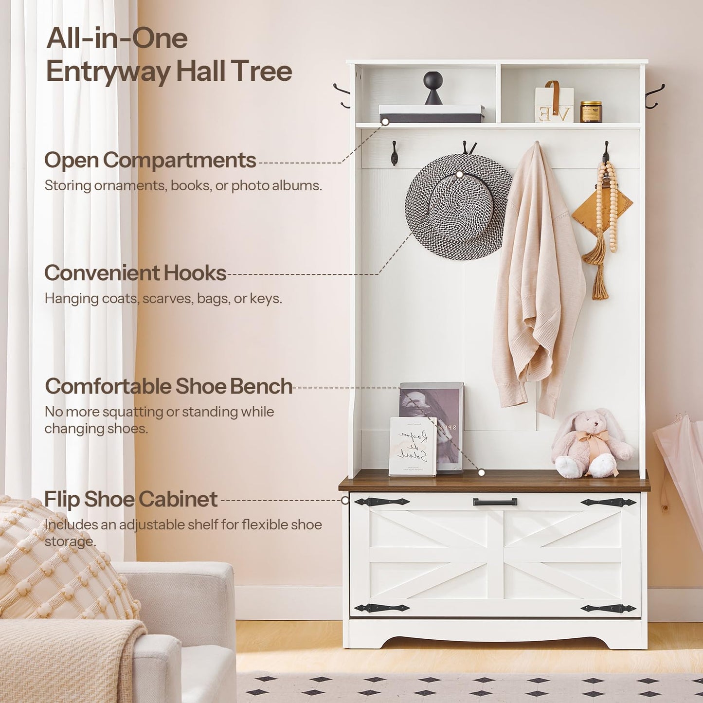 HOOBRO Hallway Coat Rack with Coat Rack Bench & Shoe Cabinet & Flip-Top Drawers