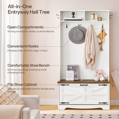 HOOBRO Hallway Coat Rack with Coat Rack Bench & Shoe Cabinet & Flip-Top Drawers