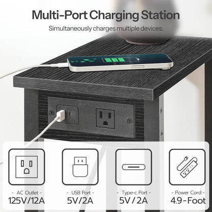 HOOBRO Small End Table with Charging Station, Narrow Side Table with USB Port and Outlets, Skinny Sofa Table, Slim Nightstand, Living Room, Bedroom, Black BK240UBZ01
