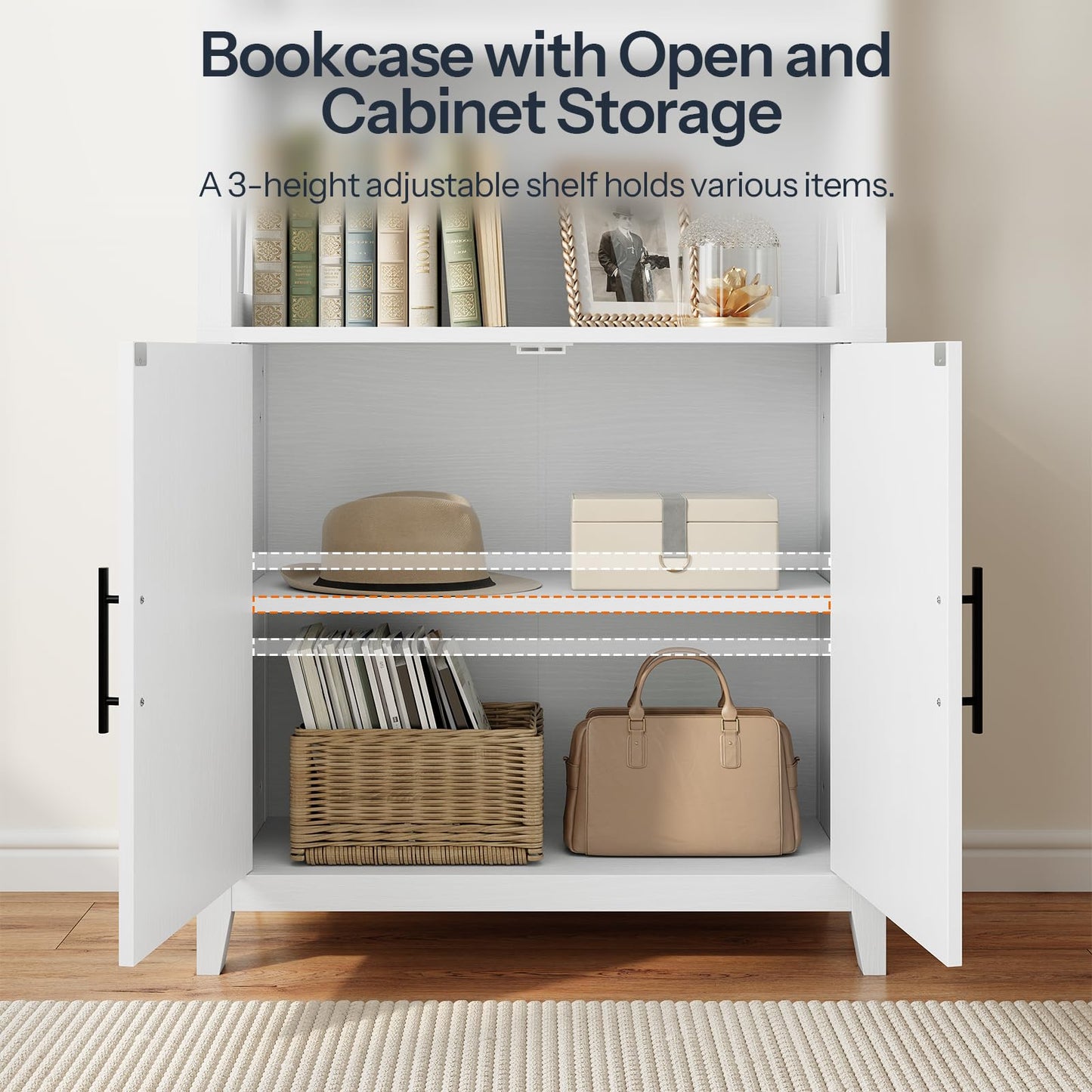 White bookcase with open and cabinet storage, featuring various items on shelves.